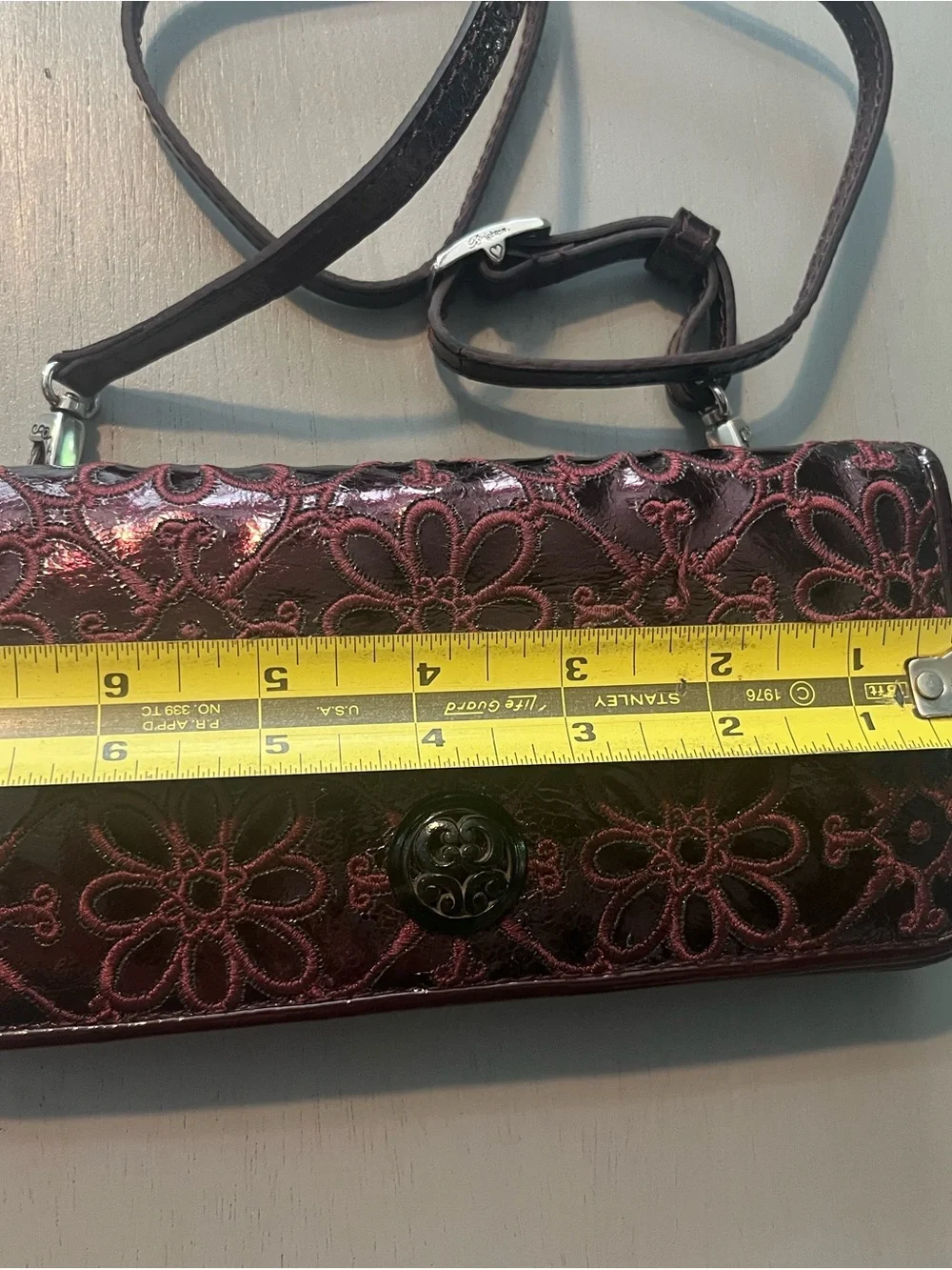 Brighton Metallic Plum Patent Leather Floral Embroidered Crossbody Wallet / Bag